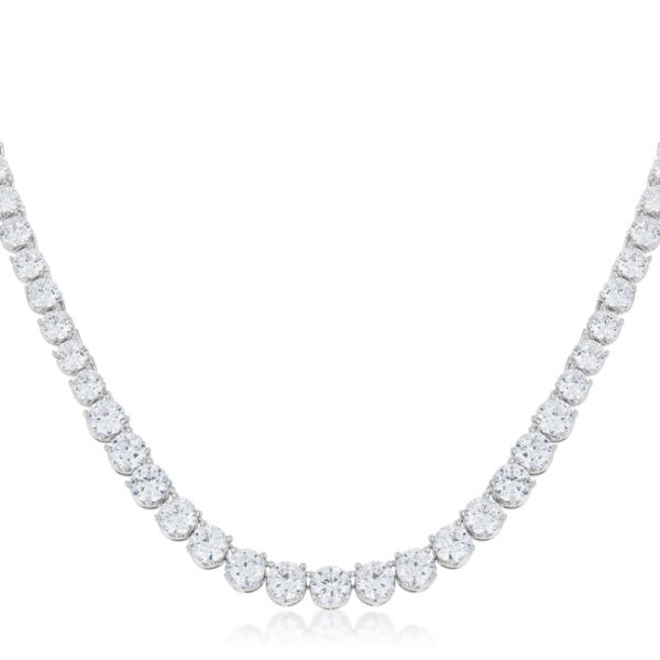 Graduated necklace with round cubic zirconia in prong settings and rhodium plated over lead free alloy (brass).
