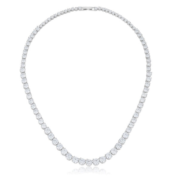 Graduated round cubic zirconia necklace with 46 ct total stone weight and prong settings.