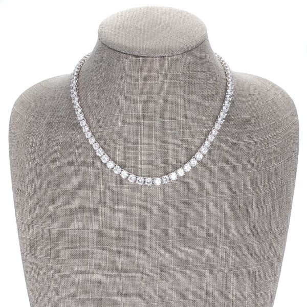 Round cubic zirconia necklace in prong settings with rhodium plated over lead free alloy (brass).