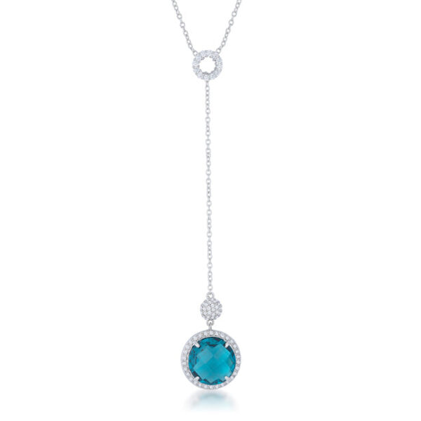 Lariat necklace with an aqua stone drop in a rhodium plated finish