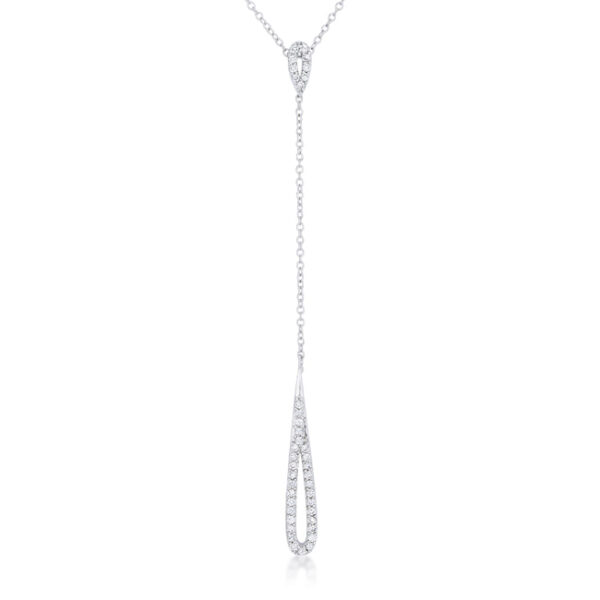 Lariat necklace with an open rhodium plated chain and a cubic zirconia drop