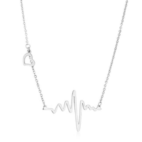 High polish heartbeat necklace in silver tone over stainless steel with an 18 inch link chain, 2 inch extender, and lobster clasp.