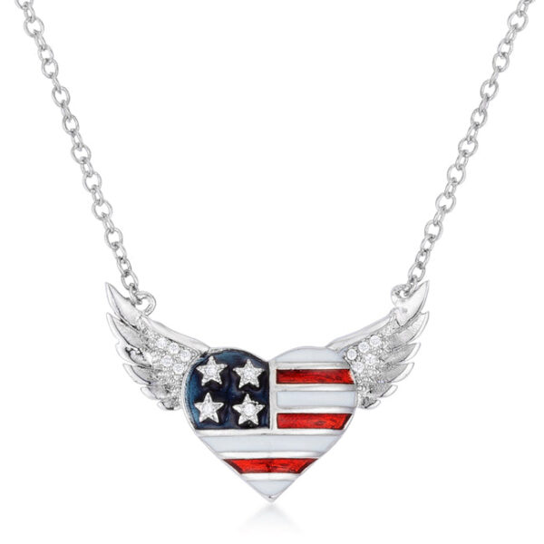Winged heart pendant with red, white and blue stars-and-stripes design and cubic zirconia accents on a chain