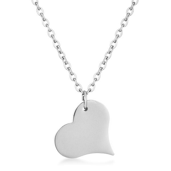 Silvertone heart-shaped pendant with an asymmetrical curved design hanging from a chain