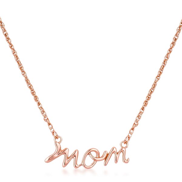 Rose gold plated Mom script pendant necklace with cubic zirconia accents on a chain