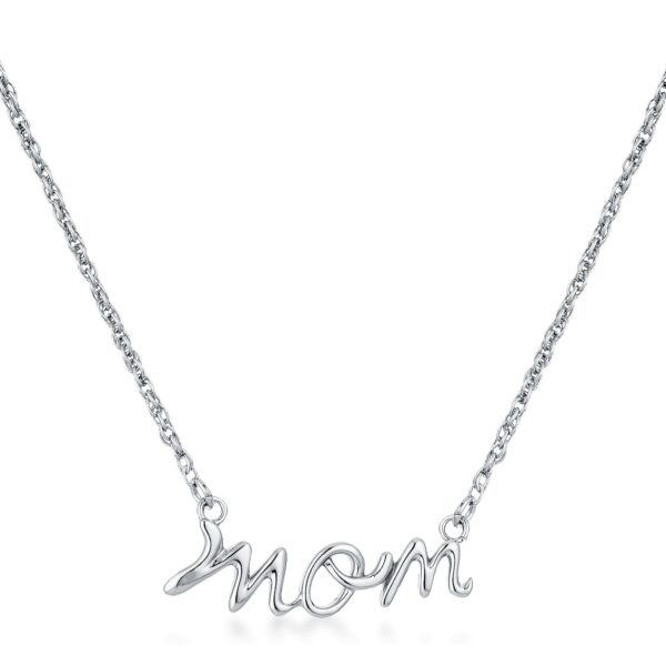Mom script necklace in rhodium finish plated over lead free alloy (brass) with cubic zirconia.
