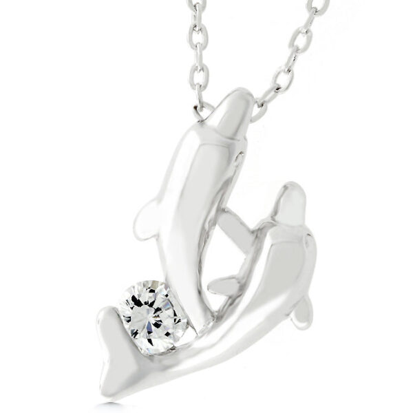 The pendant with round cubic zirconia in prong settings on a 16 Inch link chain.