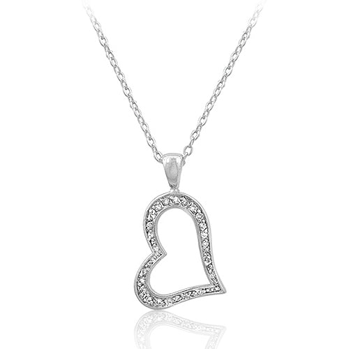 Heart-shaped pendant in rhodium plated over lead free alloy (brass) with round channel-set cubic zirconia and a link chain.