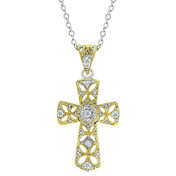 Cross pendant in silver tone over lead free alloy (brass) with pink round cubic zirconia in prong settings and an 18 Inch link chain