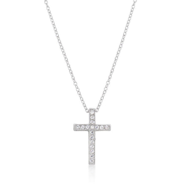 Cross pendant with round 2 (mm) cubic zirconia in prong settings on a 15 Inch link chain