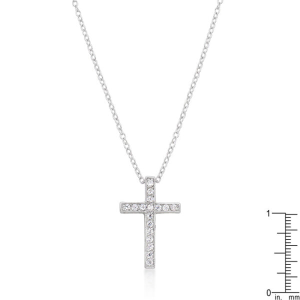 Rhodium plated over lead free alloy (brass) cross pendant with round 2 (mm) cubic zirconia in prong settings
