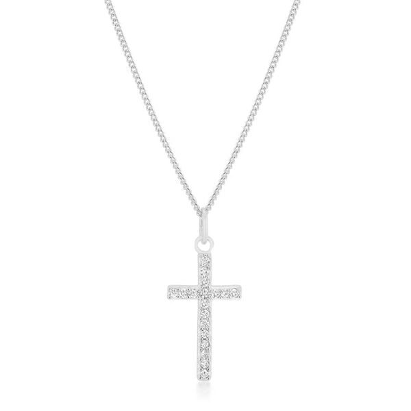Simple cross pendant in rhodium plated over lead free alloy (brass) with round 1.6 Mm cubic zirconia in a pave setting.
