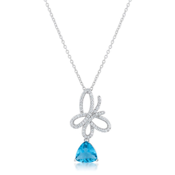 Aqua cubic zirconia butterfly drop necklace in rhodium plated over lead free alloy (brass).