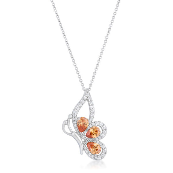 Butterfly drop necklace in rhodium plated over lead free alloy (brass) with round champagne cubic zirconia.