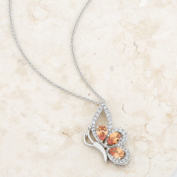 Butterfly drop necklace with an 18-inch chain, a 2-inch extender and a lobster clasp.