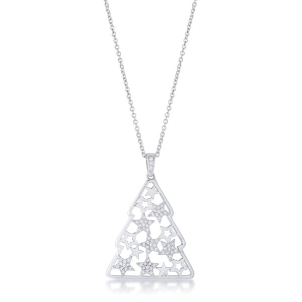 Christmas tree pendant with mixed stars, round pave-set cubic zirconia, and rhodium plated over lead free alloy (brass).