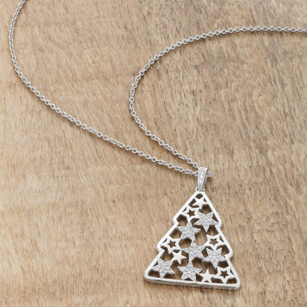Christmas tree pendant with an 18-inch chain, a 2-inch extender, and a lobster clasp.