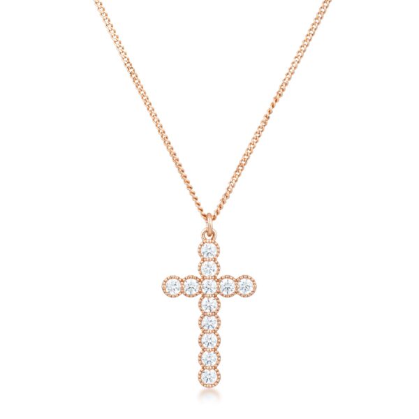 Clear cubic zirconia micro-beaded cross pendant in rose gold plated over brass.