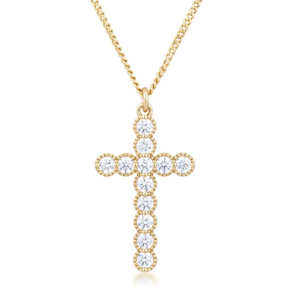 Micro-beaded cross pendant in gold tone over brass with clear 3.25mm cubic zirconia and a 3.25 mm frame.
