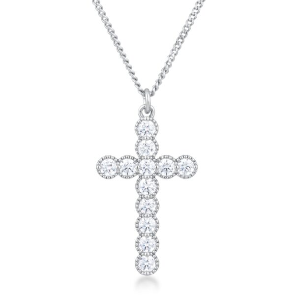 Cross pendant with clear cubic zirconia stones in a micro-beaded frame, shown on a chain