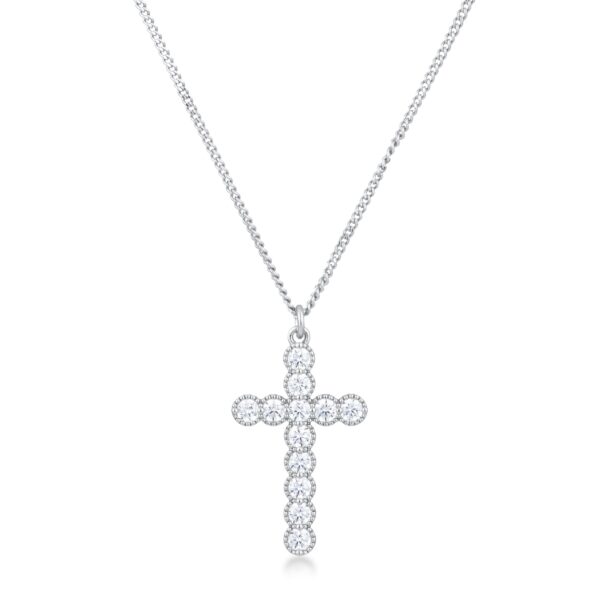 Close-up of the cross pendant showing the micro-beaded frame and clear cubic zirconia stone detail