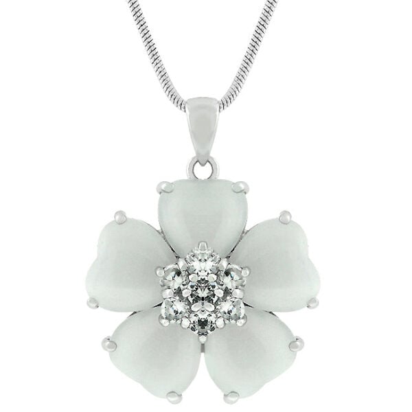 White flower pendant with heart-cut cat's eye in prong settings on a 16 Inch + 1 Inch Extender snake chain.