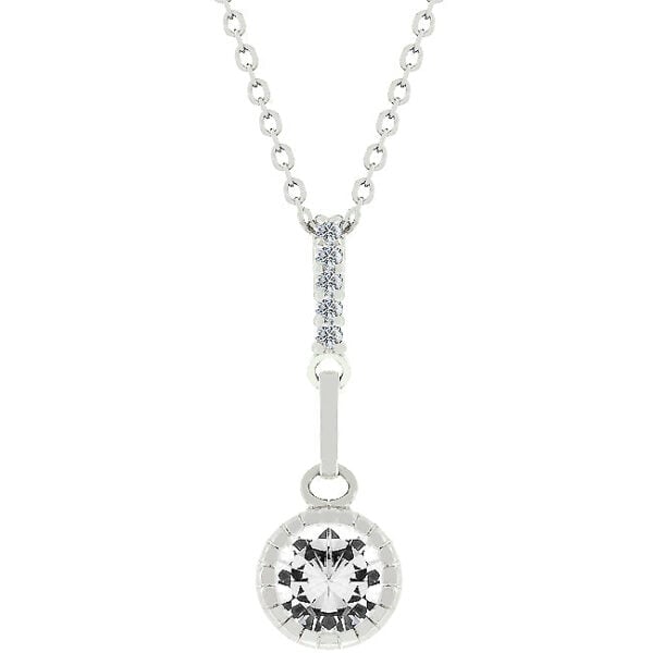 The pendant with round clear cubic zirconia in a bezel setting on a rhodium plated over lead free alloy (brass) link chain.