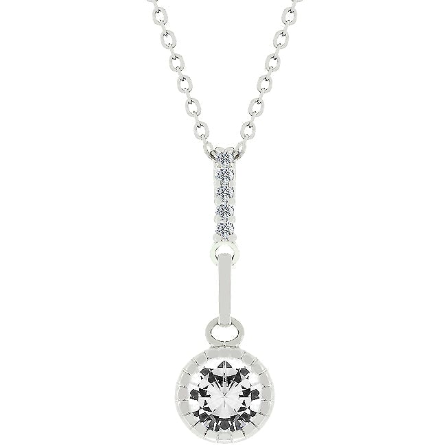 The pendant with round clear cubic zirconia in a bezel setting on a rhodium plated over lead free alloy (brass) link chain.