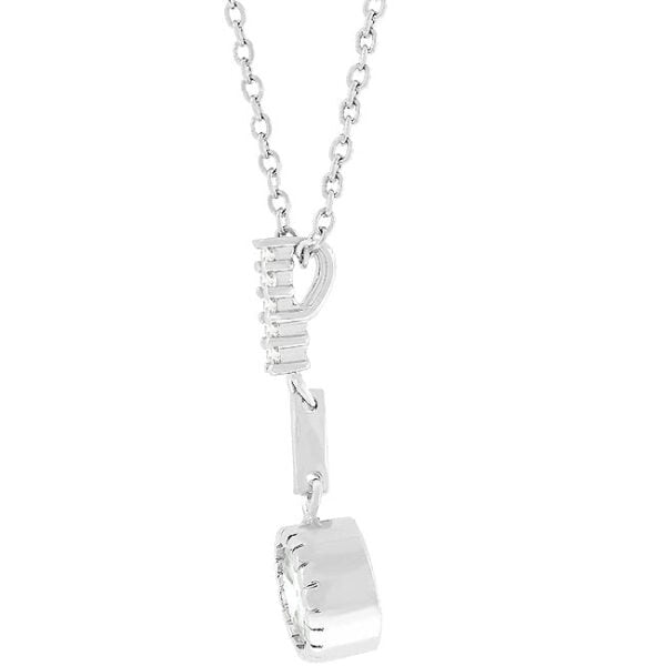 The pendant with clear, round 8 (mm) cubic zirconia in a bezel setting and rhodium plated over lead free alloy (brass).