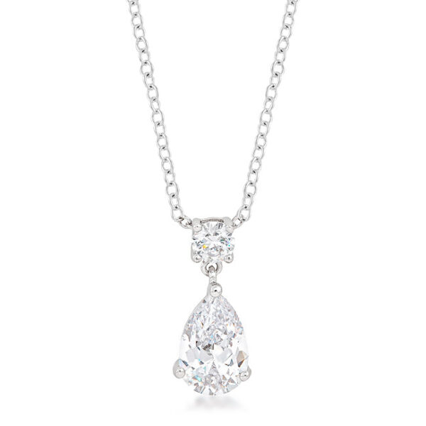 Pear-cut cubic zirconia pendant with prong setting on a rhodium plated link chain