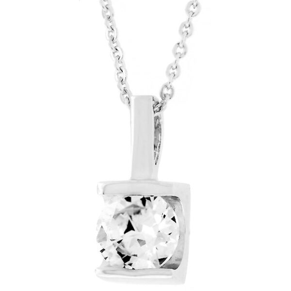 Rhodium plated over lead free alloy (brass) pendant with round 8 mm cubic zirconia on a 16 Inch link chain.
