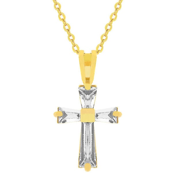Goldtone Finish Plated cross pendant on a link chain with lobster clasp, front view