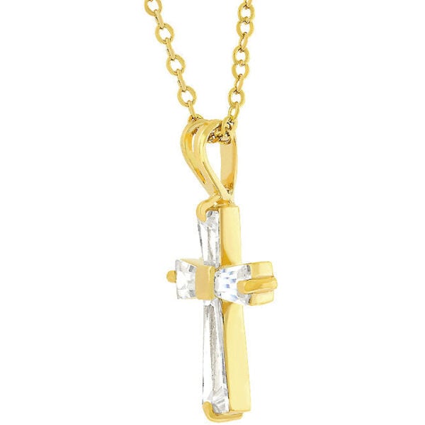 Close-up of the cross pendant showing prong-set baguette-cut cubic zirconia stones