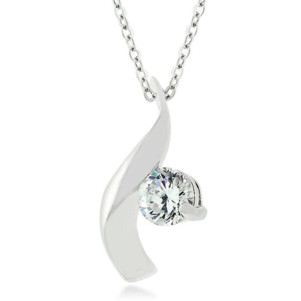 Twist pendant with round 6.5 Mm cubic zirconia in prongs on a 15.5 Inch link chain.