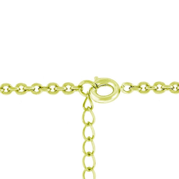 Close-up of bezel-set round cubic zirconia stones and link chain on the pendant