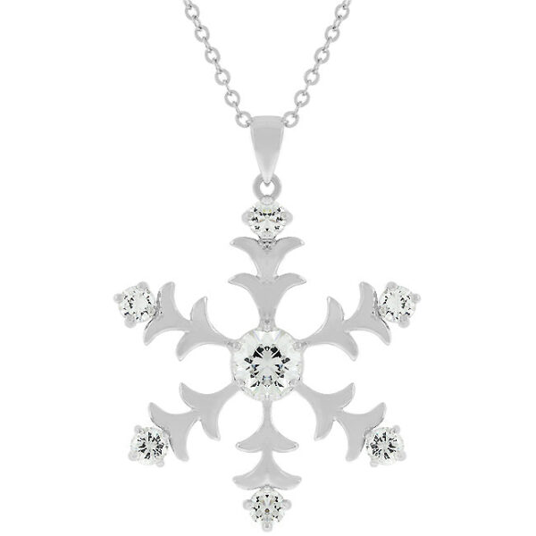 Snowflake-shaped pendant with round cubic zirconia stones set in a rhodium plated frame