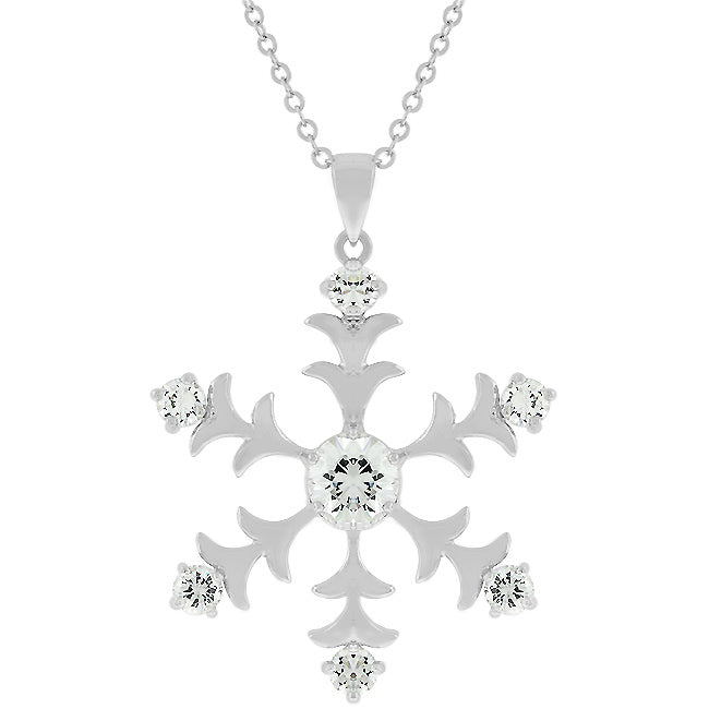 Snowflake-shaped pendant with round cubic zirconia stones set in a rhodium plated frame