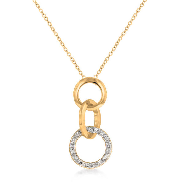 Triplet hooplet pendant in gold tone over lead free alloy (brass) with round cubic zirconia in prong settings.