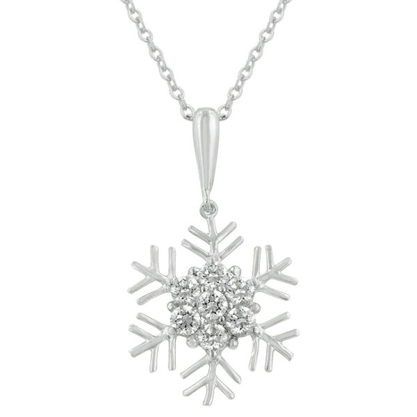 Snowflake pendant with round cubic zirconia in prong settings on a link chain.