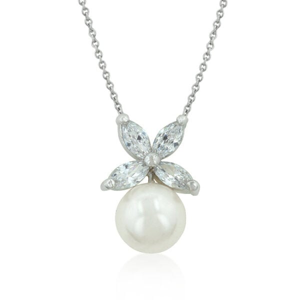 Butterfly-shaped pendant with marquise cubic zirconia stones in prong settings, on a link chain with lobster clasp
