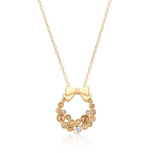 Wreath-shaped pendant with round champagne crystals set in a goldtone finish plated bezel setting