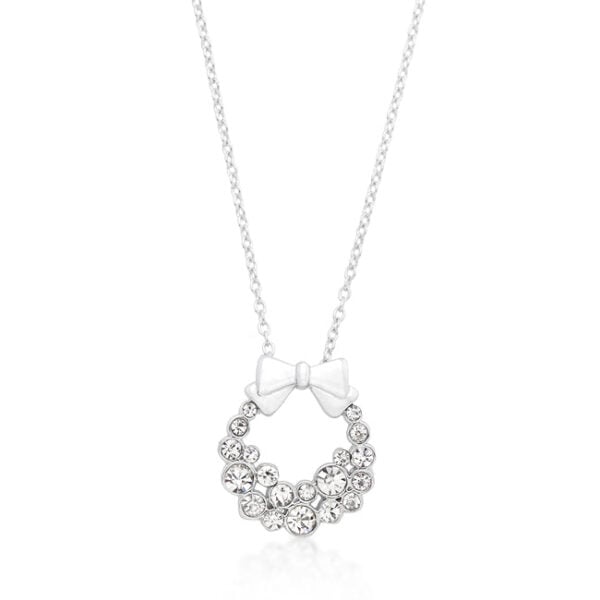 Holiday wreath pendant with round clear bezel-set crystals and rhodium plated over lead free alloy (brass)