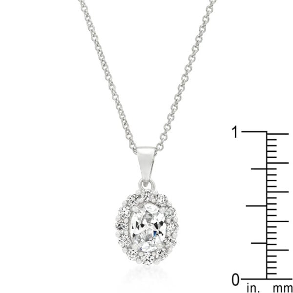 Antique-style clear cubic zirconia pendant in oval and round cuts, rhodium plated over lead free alloy (brass).