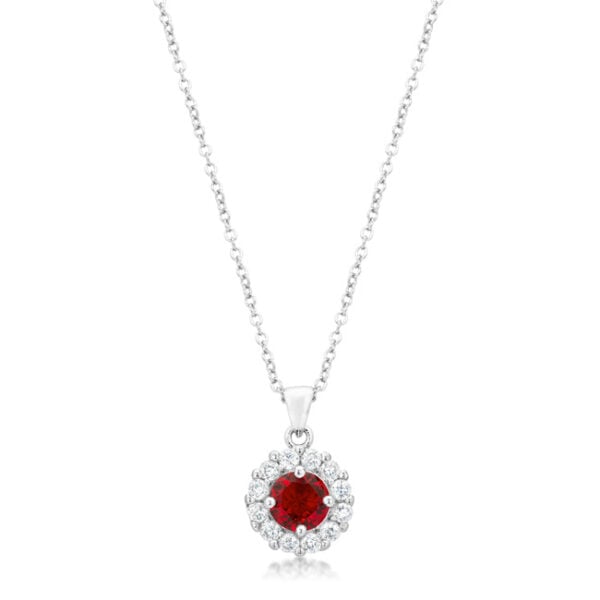 Rhodium plated over lead free alloy (brass) pendant with round ruby-colored cubic zirconia in prong settings.
