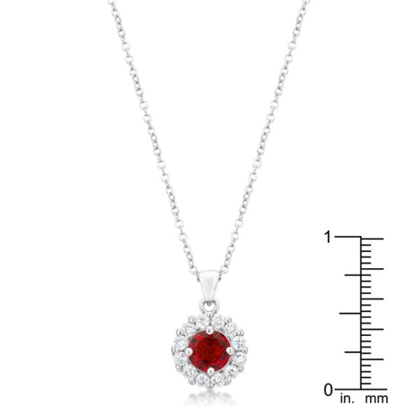 Pendant with round ruby-colored cubic zirconia in prong settings, a 17.5 Inch + 3 Inch Extender, and lobster clasp.