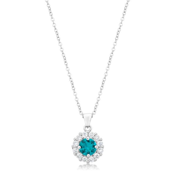 Aqua round cubic zirconia pendant in prongs, rhodium plated over lead free alloy (brass).