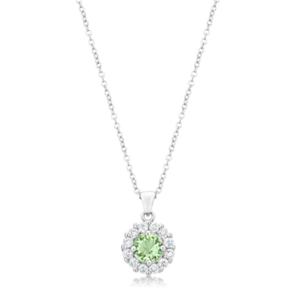 Peridot-colored cubic zirconia pendant in rhodium plated over lead free alloy (brass), with round-cut cubic zirconia and a chain.