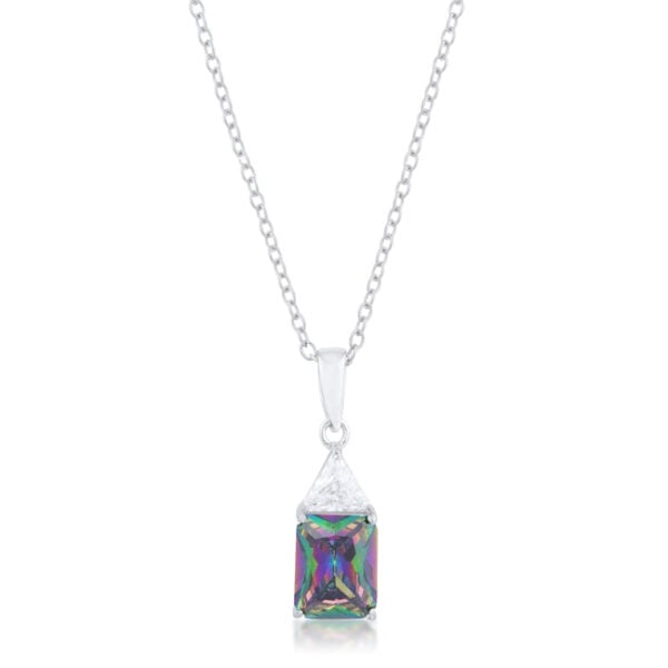 Rhodium plated drop necklace with a trillion cut cubic zirconia on a link chain