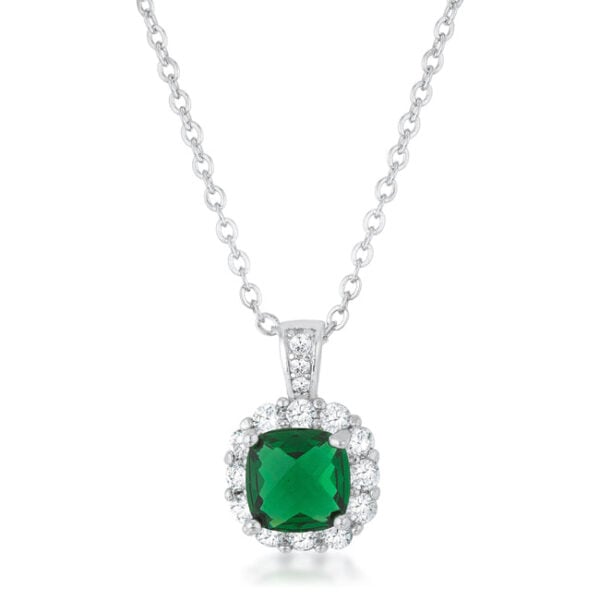 Rhodium plated over lead free alloy (brass) classic pendant with emerald-colored cubic zirconia.