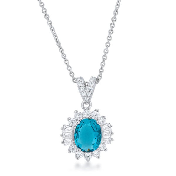 Classic drop necklace with round-cut, prong-set aqua cubic zirconia, an 18-inch chain and a 2-inch extender.